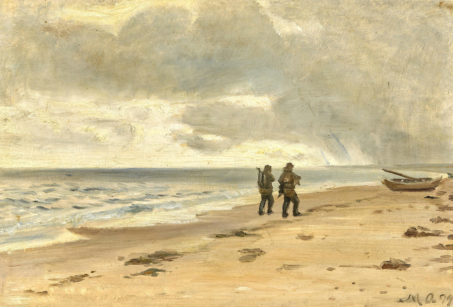 Dos pescadores en la playa. Cielo gris sobre el mar. - Michael Peter Ancher
