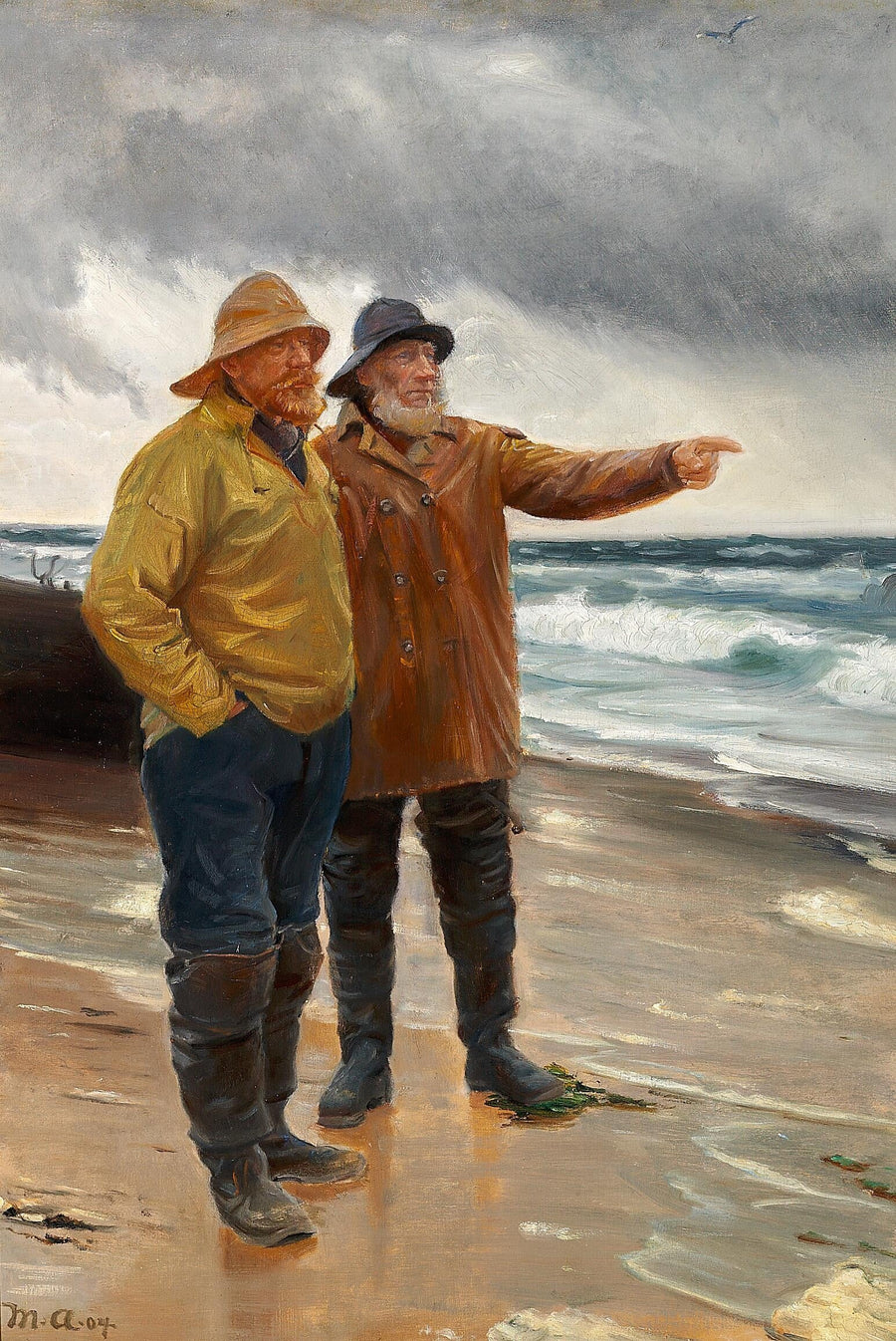 Dos pescadores en la playa. Uno de ellos señala el mar. - Michael Peter Ancher
