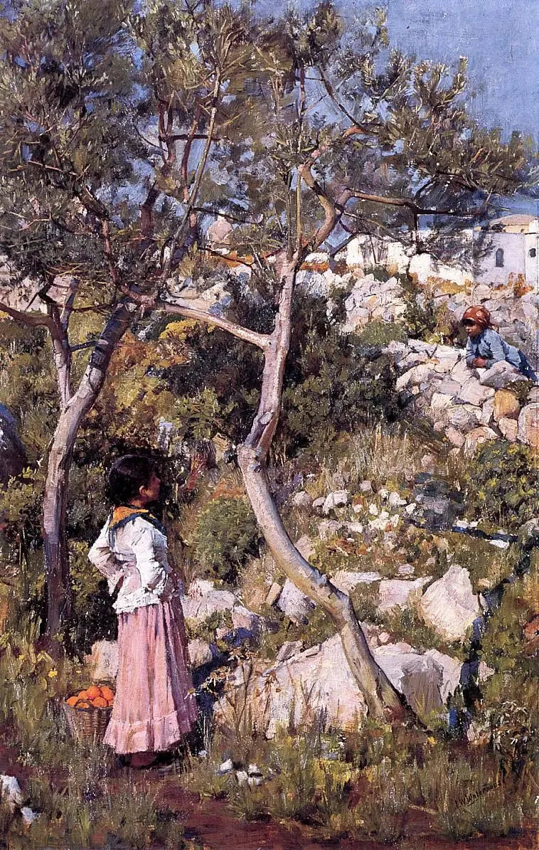 Deux petites filles italiennes près d'un village - John William Waterhouse image 1 reproduction artisanale de tableau