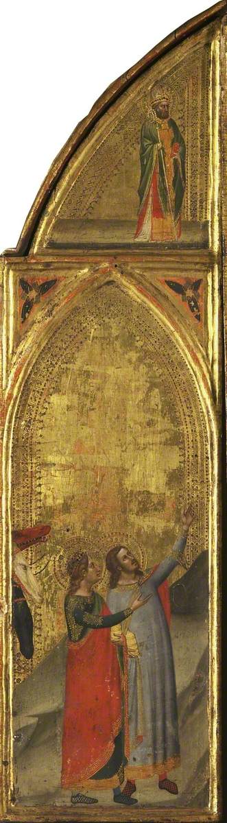 Dos Reyes Magos y un obispo (tríptico, panel izquierdo) (reverso) - Bernardo Daddi