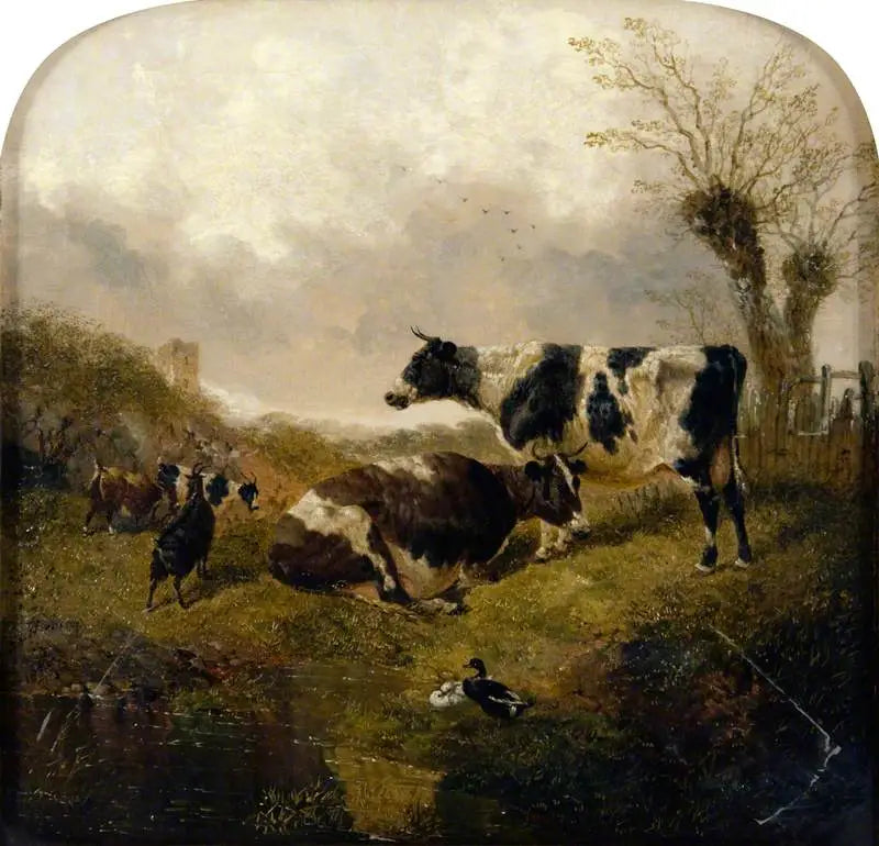 Dos vacas con cabras y patos en un paisaje - John Frederick Herring, Sr.