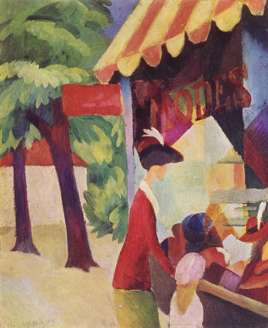 Delante de la sombrerería (Mujer con una chaqueta roja y un niño) - August Macke