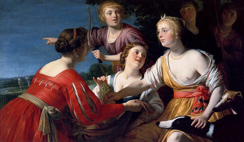 Diane descansando después de la caza, con pastoras y dos galgos, un paisaje al fondo - Gerrit van Honthorst