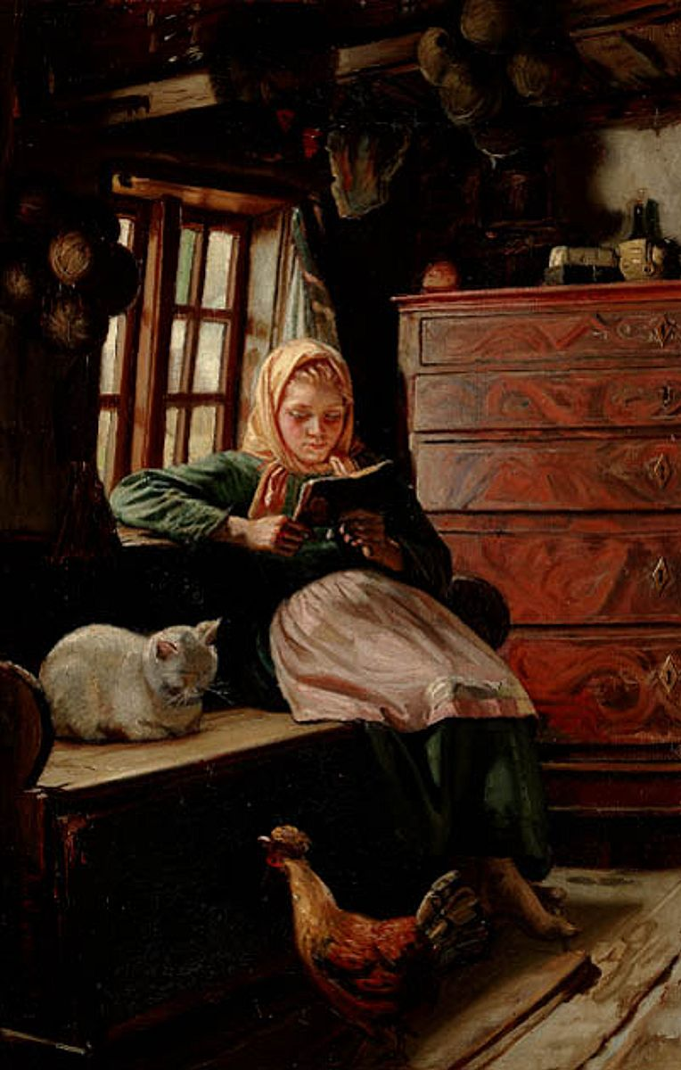 Domingo por la tarde en una cabaña de pescadores. Una niña leyendo. - Michael Peter Ancher