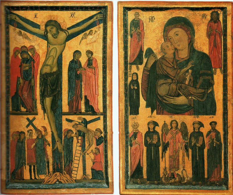 Diptico de la Crucifixión y de la Virgen con el Niño y santos - Bonaventura Berlinghieri
