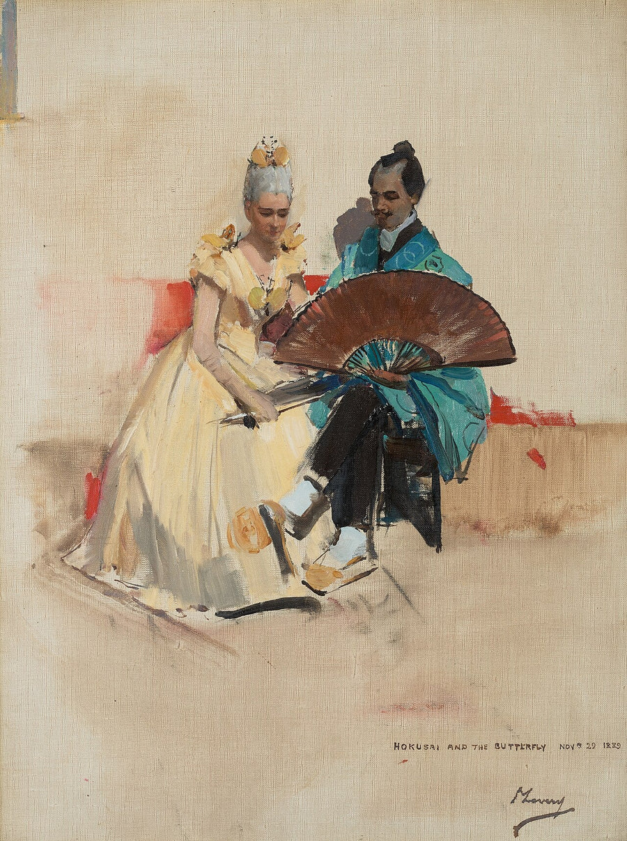 Edward Arthur Walton, 1860–1922. Artista (con su prometida Helen Law o Henderson, 1859–1945, posteriormente esposa de Edward Arthur Walton, en los papeles de Hokusai y la Mariposa) – John Lavery
