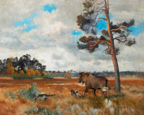 Alce y perro alce noruego en un paisaje otoñal - Bruno Liljefors