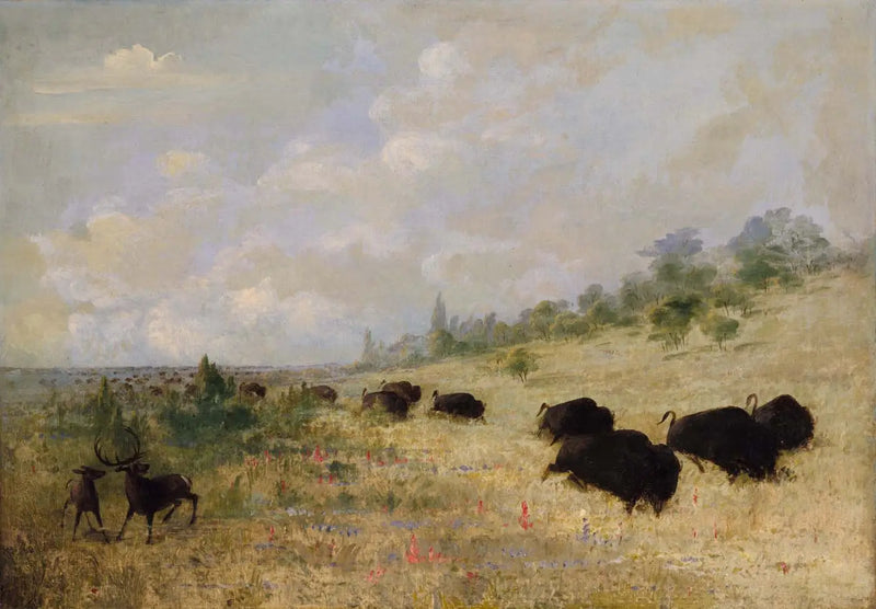 Elanes y bisontes pastando entre las flores de las praderas, Texas - George Catlin