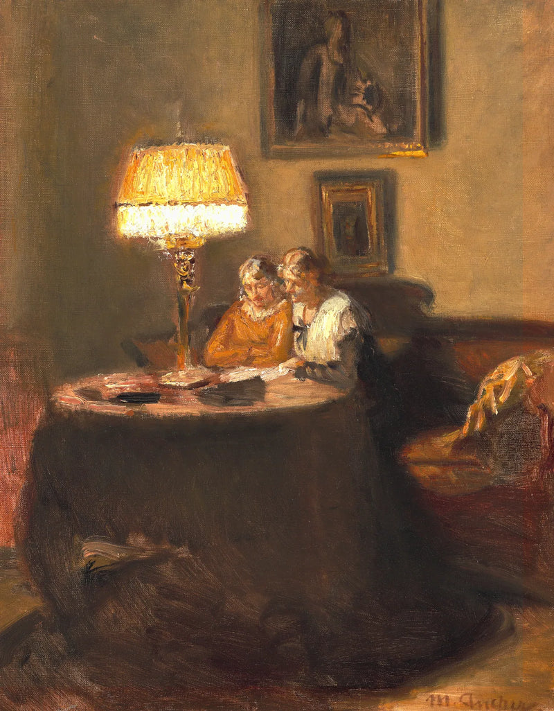 Ella y Engel, sentados a la mesa en el sofá rojo del estudio de Michael Ancher, están leyendo un libro. - Michael Peter Ancher