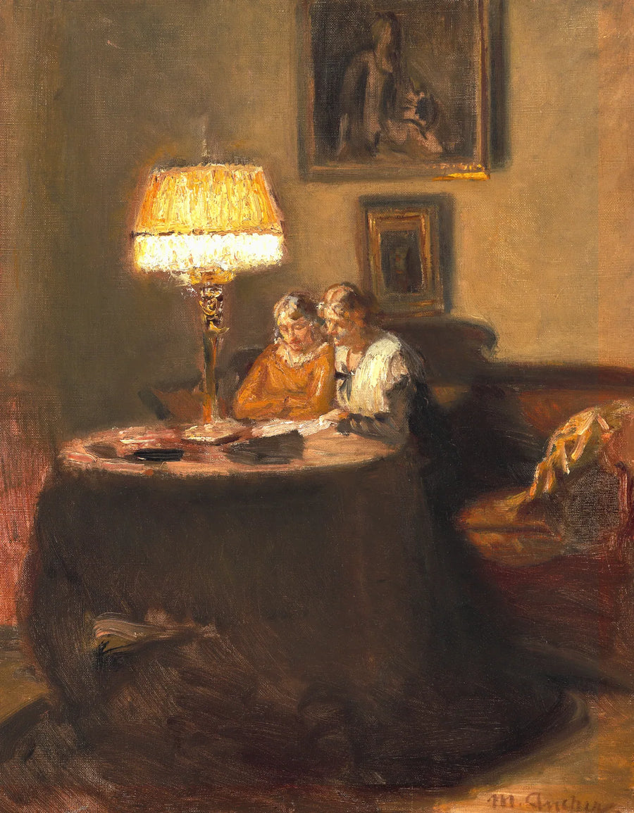 Ella y Engel, sentados a la mesa en el sofá rojo del estudio de Michael Ancher, están leyendo un libro. - Michael Peter Ancher