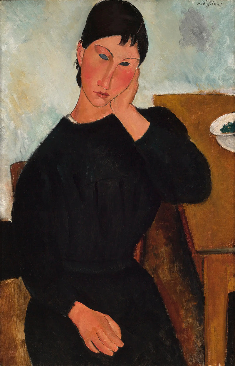 Elvire sentada, apoyada en una mesa - Amedeo Modigliani