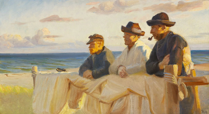 Al final del día, tres pescadores disfrutan de los últimos rayos de sol. - Michael Peter Ancher