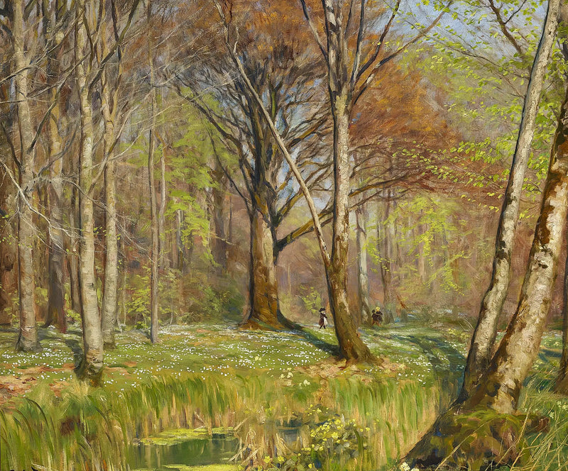 Niños en un bosque en primavera. Las anémonas están en flor. - H. A. Brendekilde