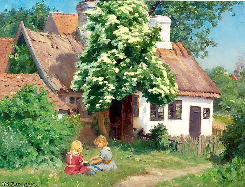 Niños jugando frente a una granja. - H. A. Brendekilde