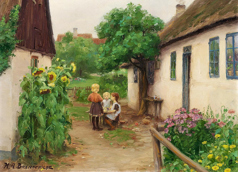 Niños jugando cerca de una granja, a la izquierda de los girasoles en flor. - H. A. Brendekilde