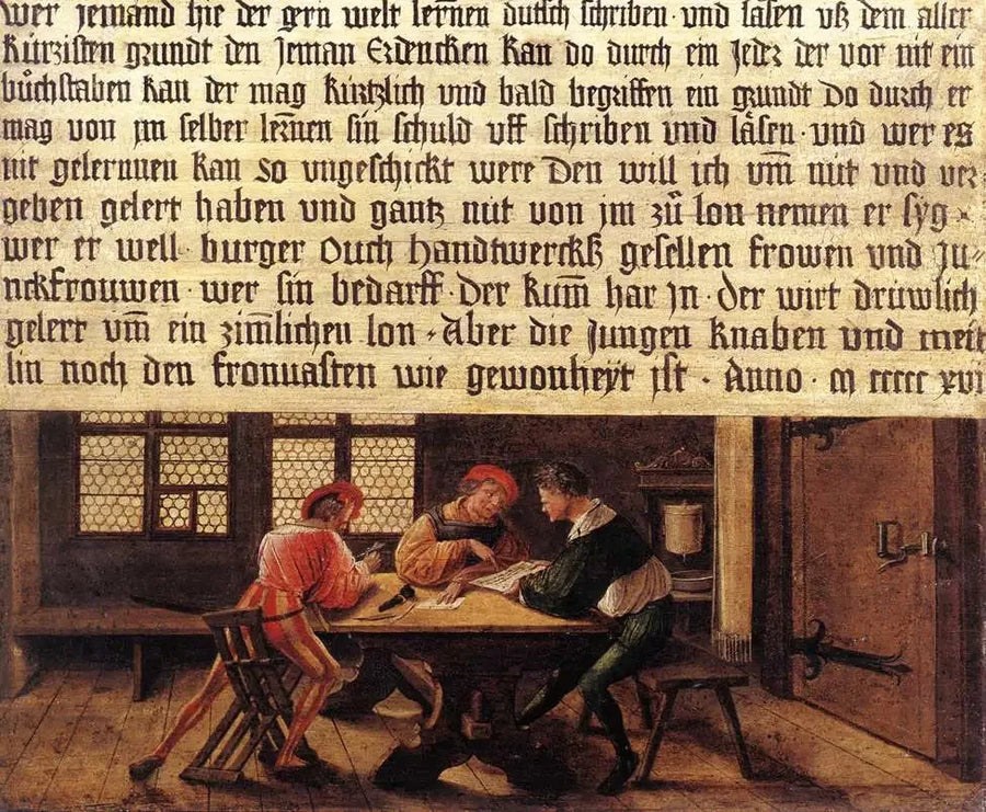 Enseigne de un maestro de escuela (lado con los adultos) - Hans Holbein el Joven