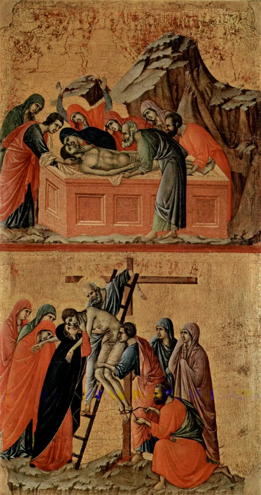 Entierro de Cristo (arriba); Descenso de la Cruz (abajo) - Duccio di Buoninsegna