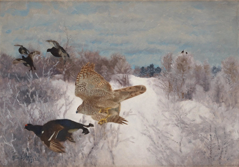 Halcón cazando urogallo negro - Bruno Liljefors