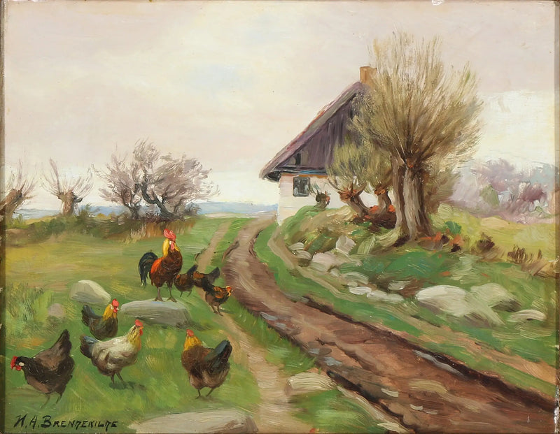 Exterior de la granja con gallinas - H. A. Brendekilde