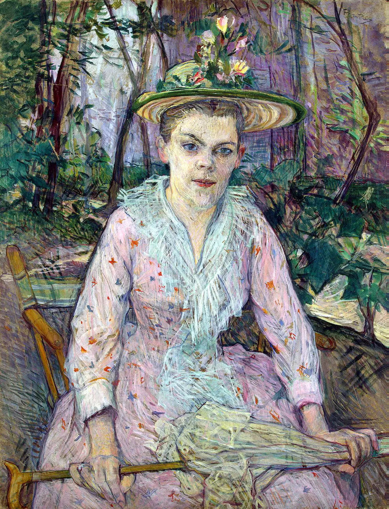 Mujer con sombrilla, llamada Berthe la Sorda, sentada en el jardín del Sr. Forest - Henri de Toulouse-Lautrec