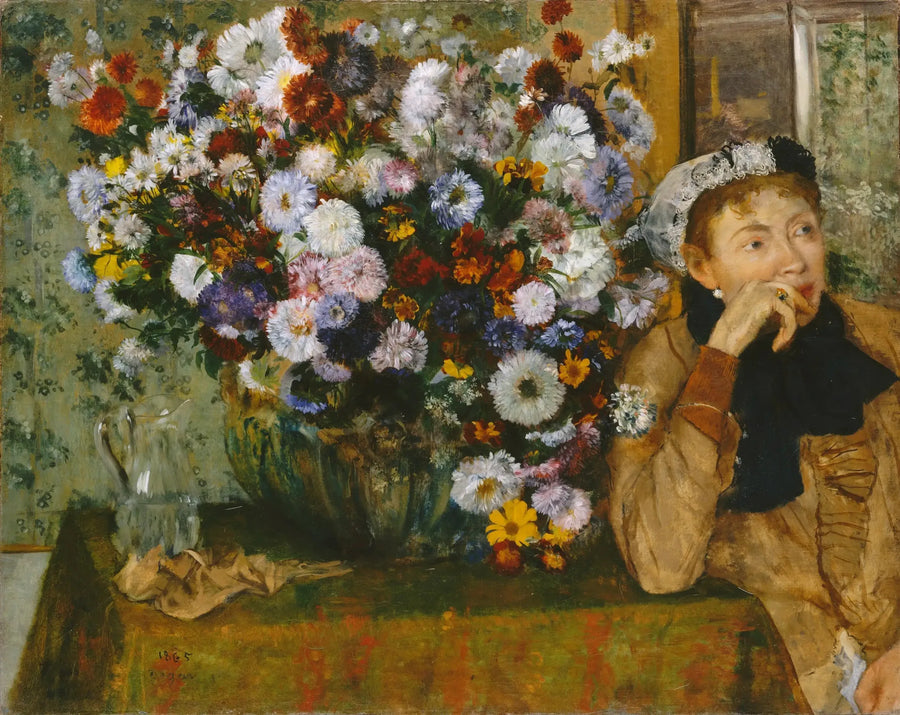 Mujer sentada junto a un jarrón de flores - Edgar Degas