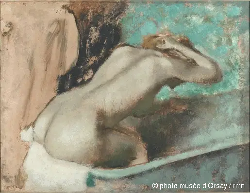 Mujer sentada en el borde de una bañera y secándose el cuello - Edgar Degas