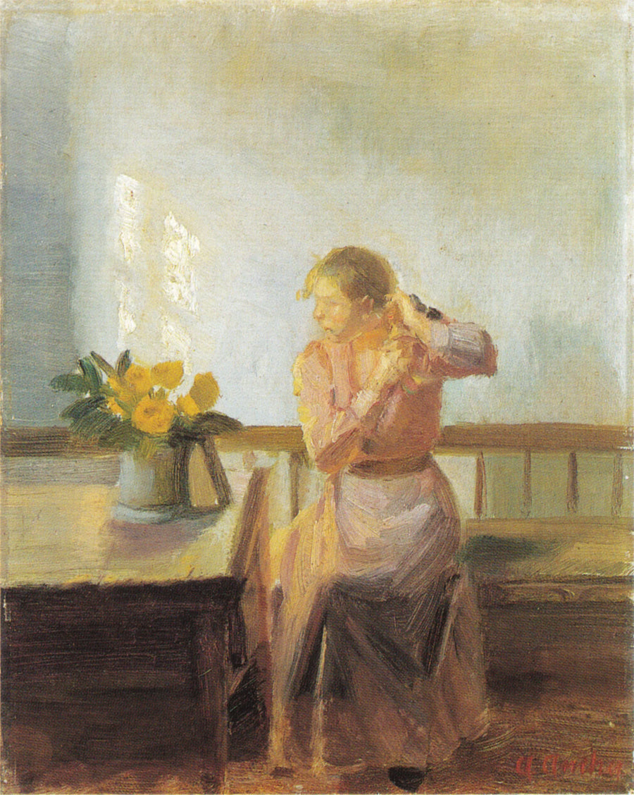 Mujer sentada, trenzándose el cabello - Anna Ancher