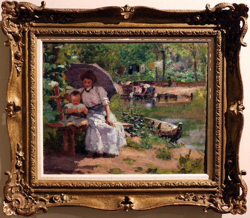 Mujer con niño sentado en un bosque - Federico Zandomeneghi