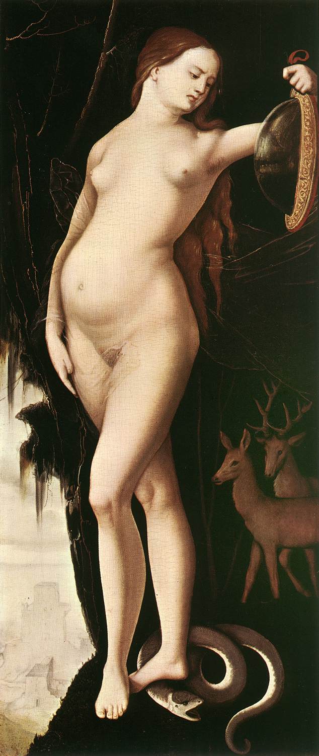 Mujer con espejo, serpiente, ciervo y perro - Hans Baldung Grien