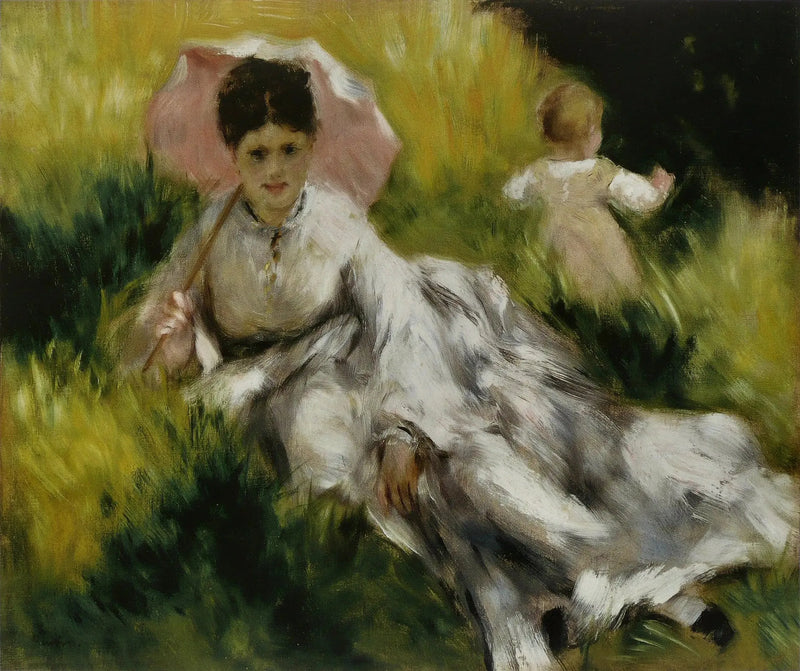 Mujer con un parasol y un niño pequeño en una colina soleada - Pierre-Auguste Renoir
