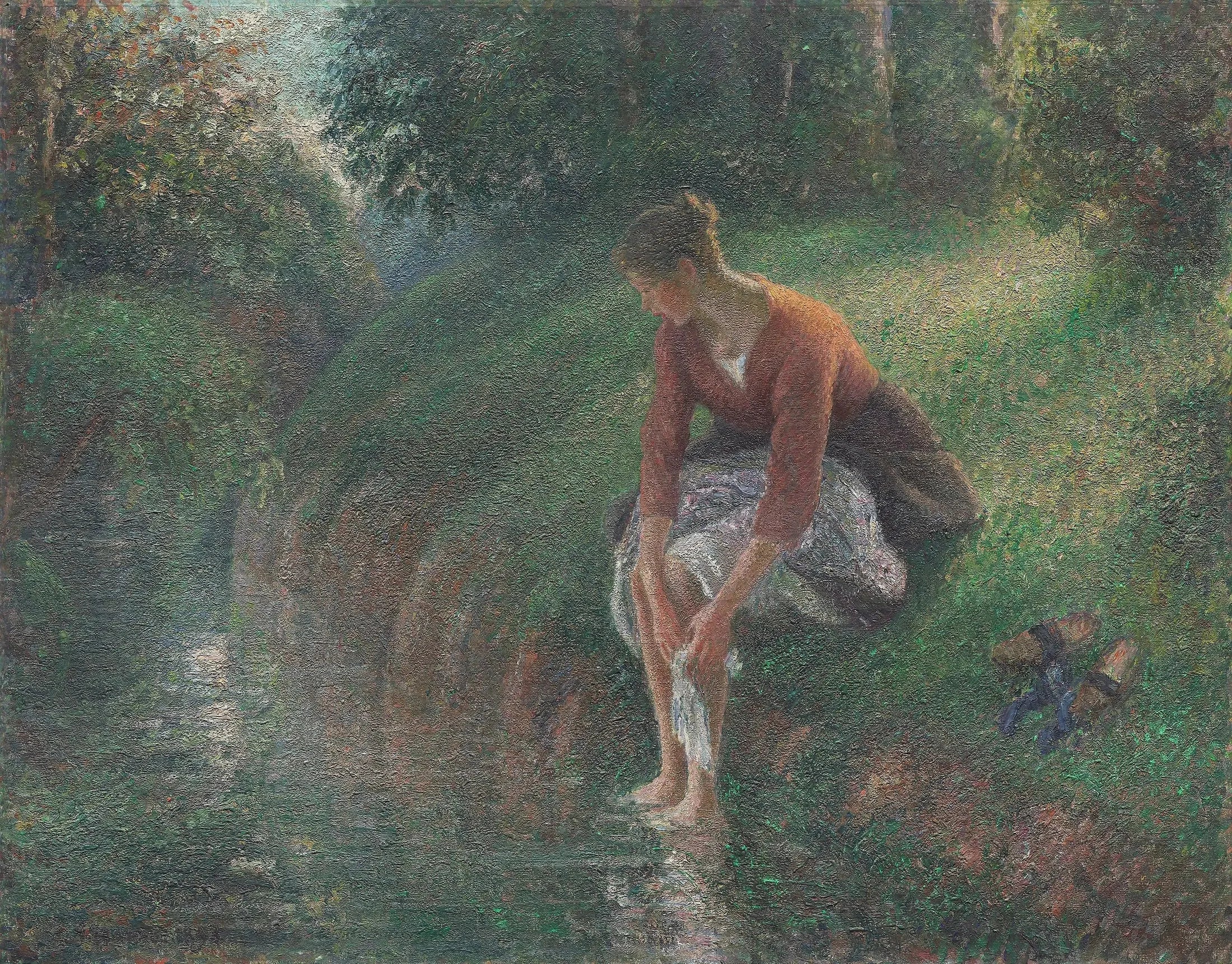 Femme baignant ses pieds dans un ruisseau - Camille Pissarro image 1 reproduction de peinture à l’huile