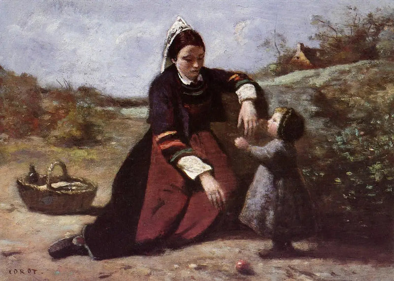 Mujer bretona y su pequeña hija - Jean-Baptiste Camille Corot