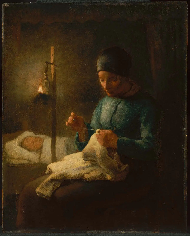 Mujer cosiendo junto a su hijo dormido - Jean-François Millet