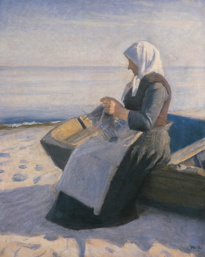 La esposa de un pescador tejiendo en la playa de Skagen - Michael Peter Ancher