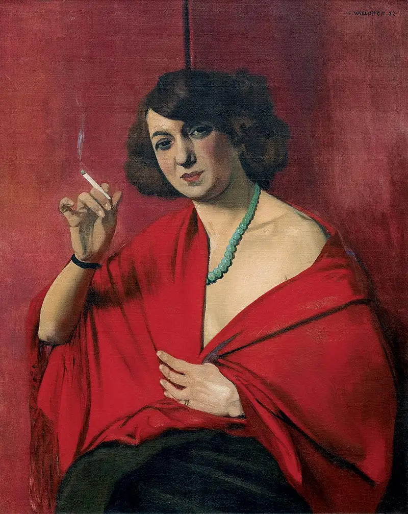 Mujer vestida de rojo sosteniendo un cigarrillo - Félix Vallotton