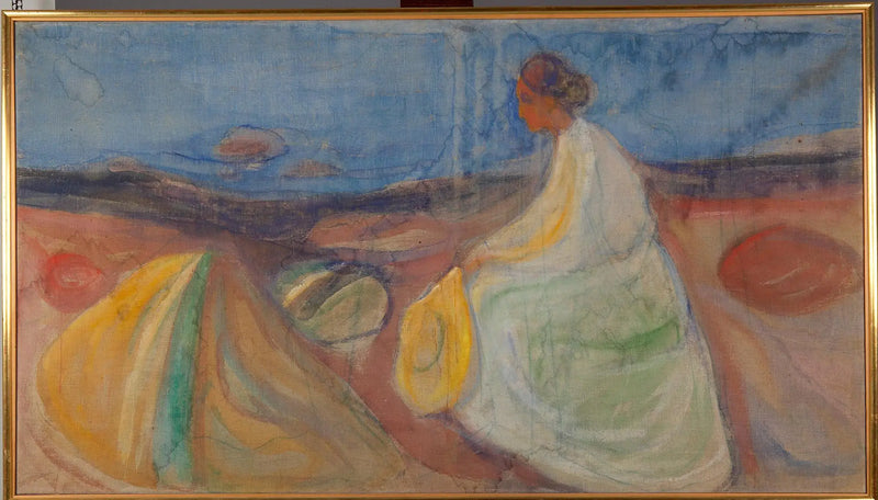 Mujer vestida de blanco sentada en la playa - Edvard Munch