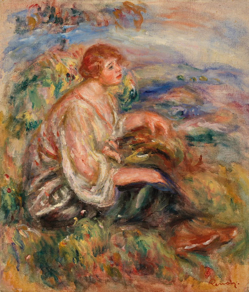 Mujer con blusa de tul y falda negra en un paisaje - Pierre-Auguste Renoir