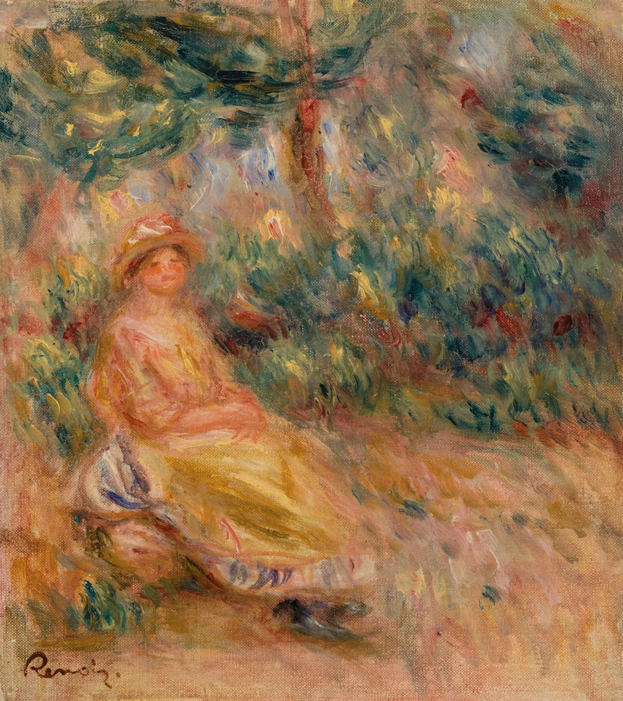 Mujer en rosa y amarillo en un paisaje - Pierre-Auguste Renoir