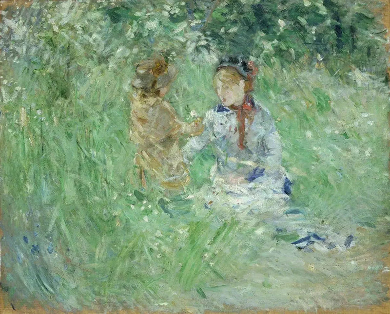 Mujer y niño en un prado en Bougival - Berthe Morisot