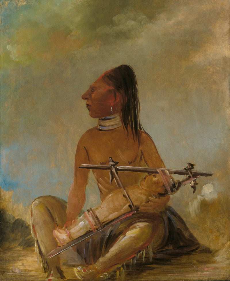 Mujer y niño, mostrando cómo están aplastadas las cabezas de los niños - George Catlin