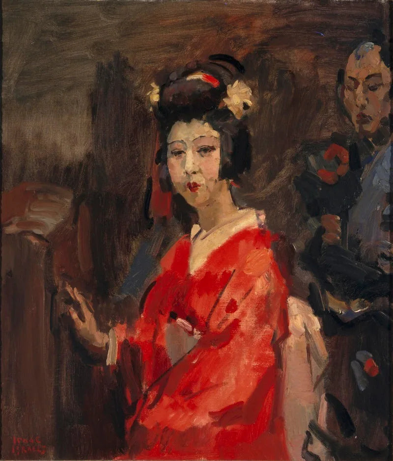 Mujer japonesa con kimono rojo - Isaac Israel
