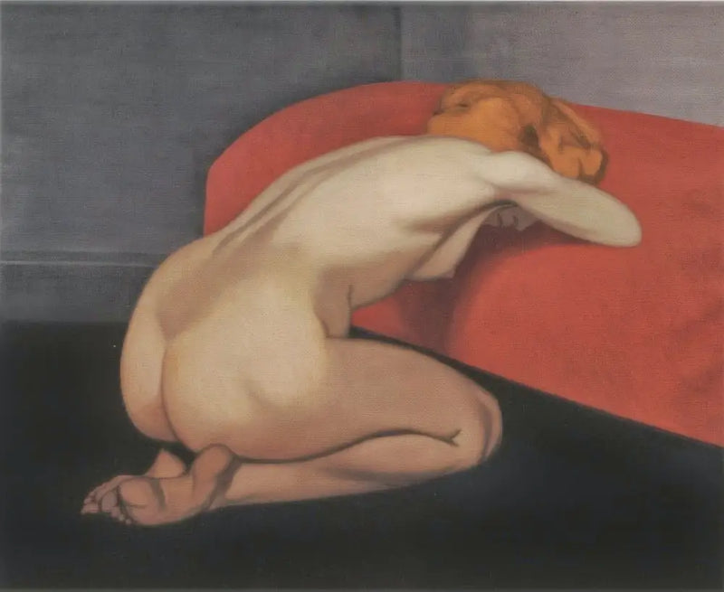 Mujer desnuda arrodillada frente a un sofá rojo - Félix Vallotton