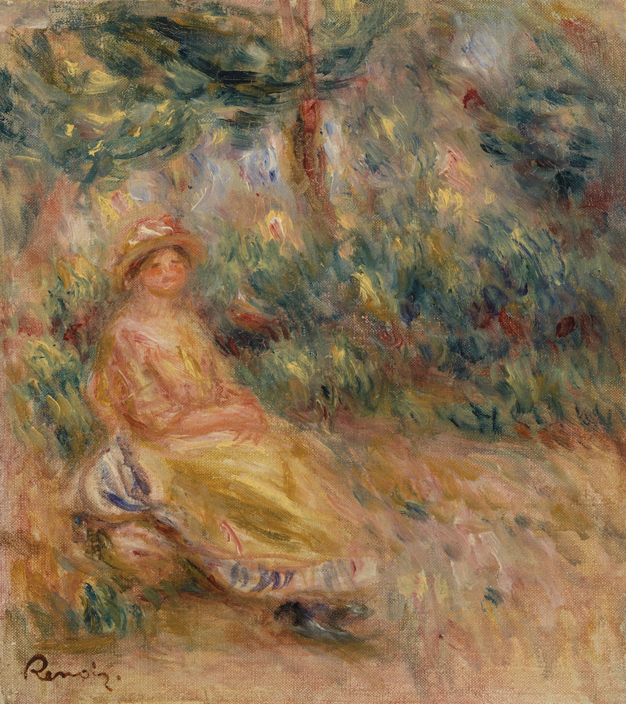 Mujer en rosa y amarillo en un paisaje - Pierre-Auguste Renoir