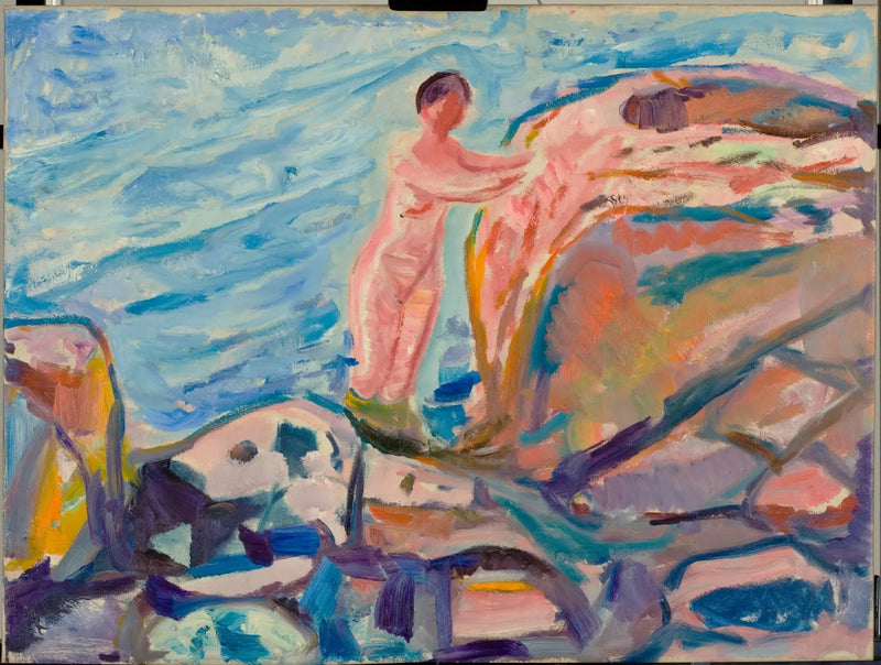 Mujer bañándose cerca de un acantilado rojo - Edvard Munch
