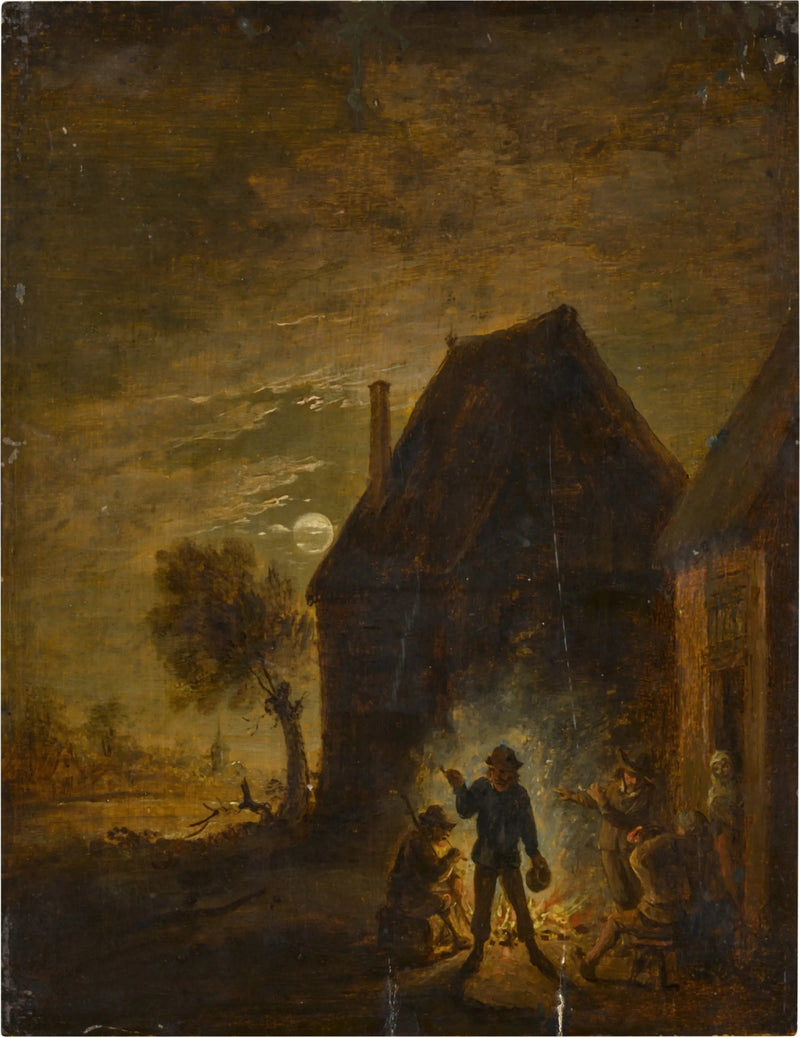 Granja a la luz de la luna con personajes alrededor de una fogata - David Teniers el Joven