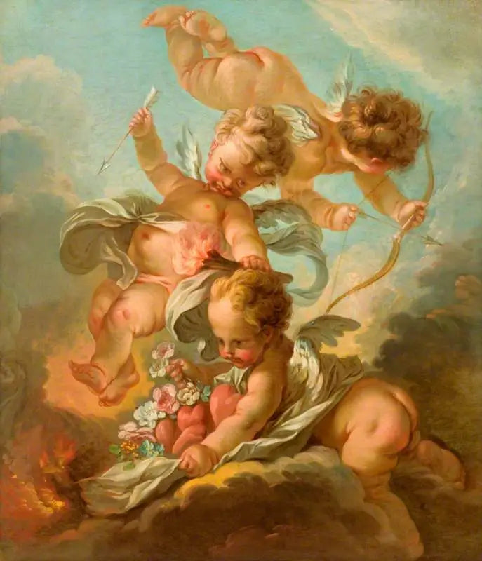 Fuego: Tres querubines sosteniendo un arco y una flecha, una antorcha encendida y un manto que contiene corazones y flores - François Boucher