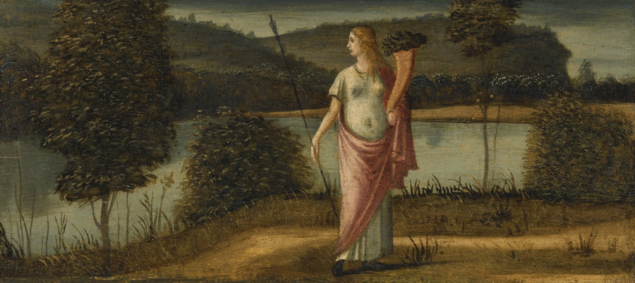 Figura alegórica de una mujer en un paisaje sosteniendo una lanza y un cuerno de la abundancia - Vittore Carpaccio