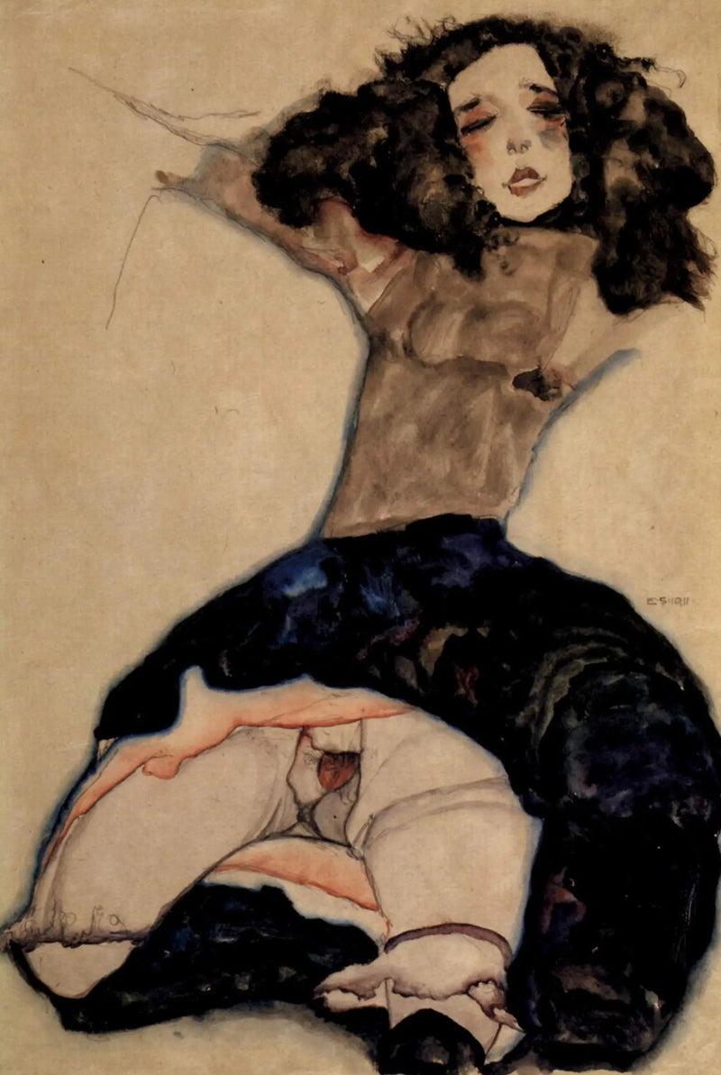 Chica con cabello negro y falda levantada - Egon Schiele