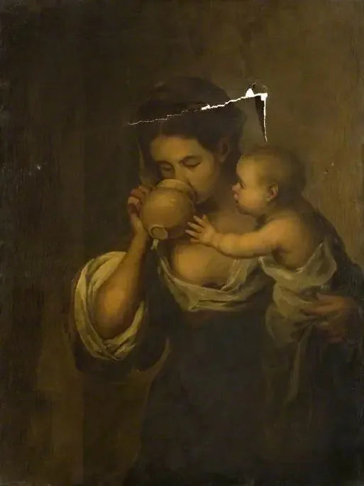 Niña bebiendo con un niño en su brazo - Bartolomé Esteban Murillo