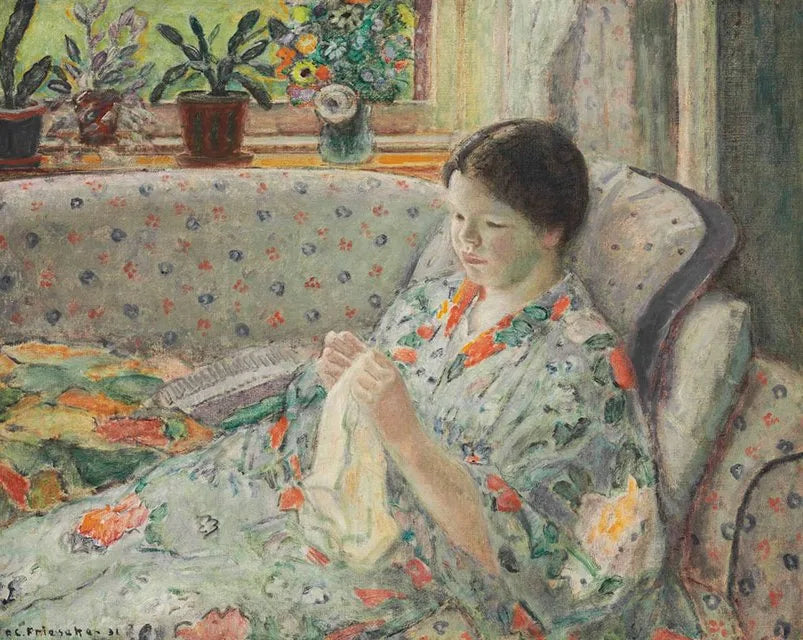 Hija cosiendo (el vestido chino) - Frederick Carl Frieseke